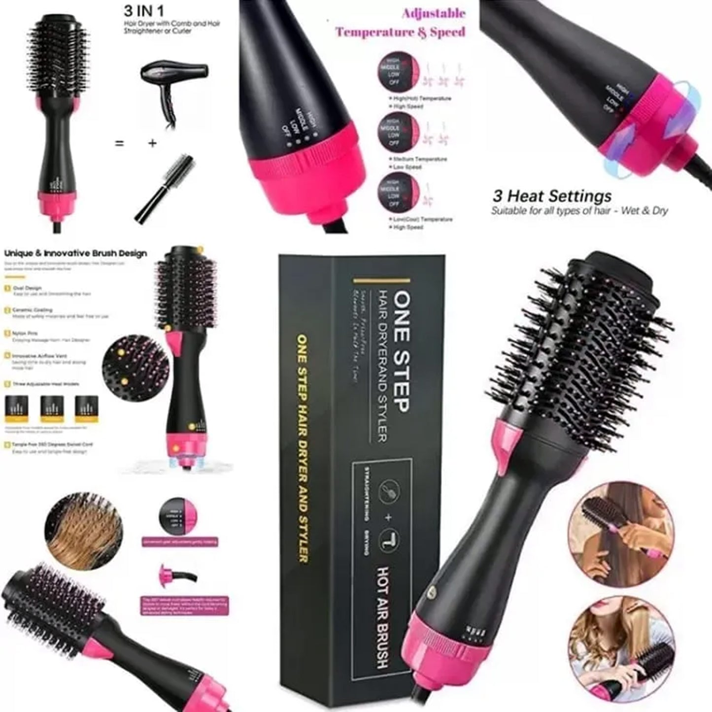 3-in-1 Professional Hot Air Brush: Hair Dryer, Curler & Straightener for Women - One Step Styling Tool