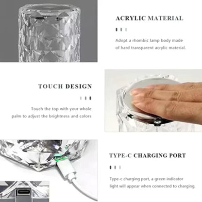 Crystal Diamond Rose Lamp: 16-Color Changing LED Table Lamp with Remote & Touch Control | USB Rechargeable Fancy Home Decor & Gift Light