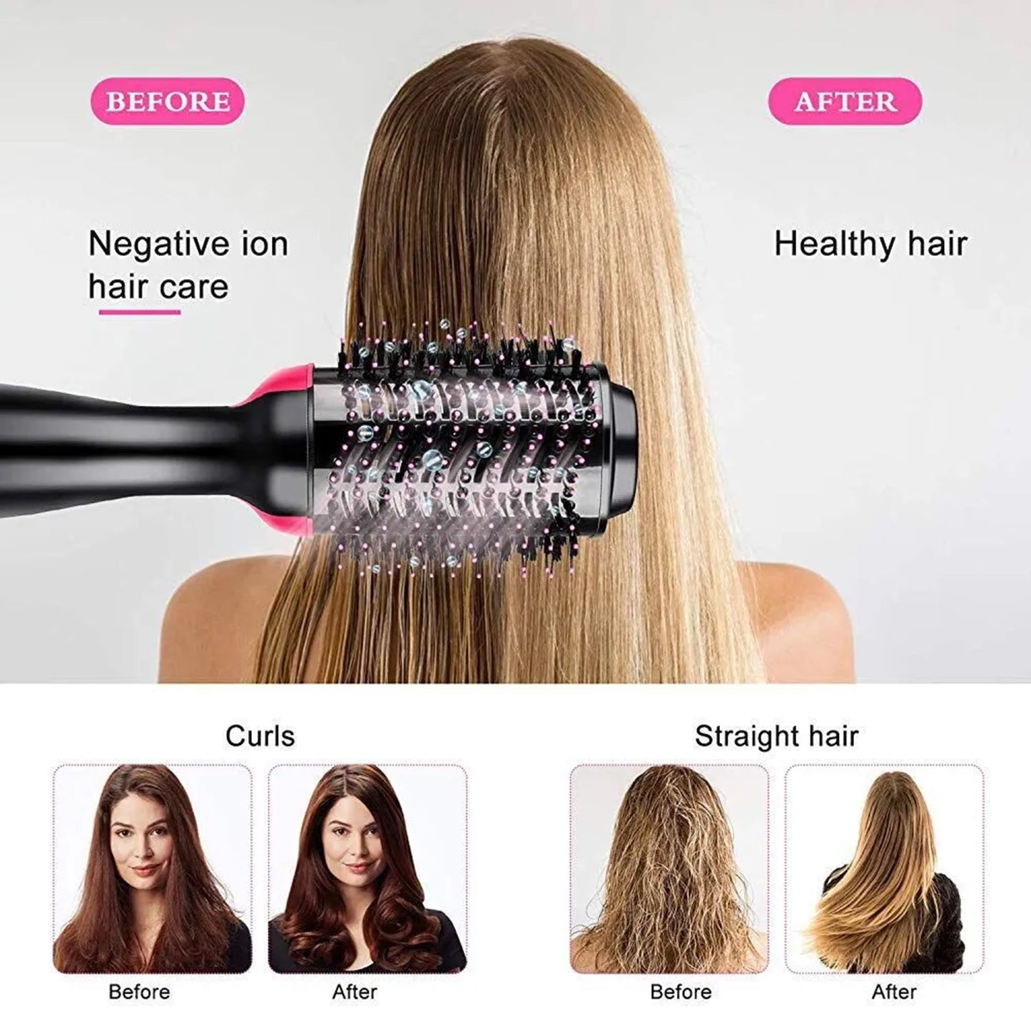 3-in-1 Professional Hot Air Brush: Hair Dryer, Curler & Straightener for Women - One Step Styling Tool