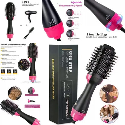 3-in-1 Professional Hot Air Brush: Hair Dryer, Curler & Straightener for Women - One Step Styling Tool