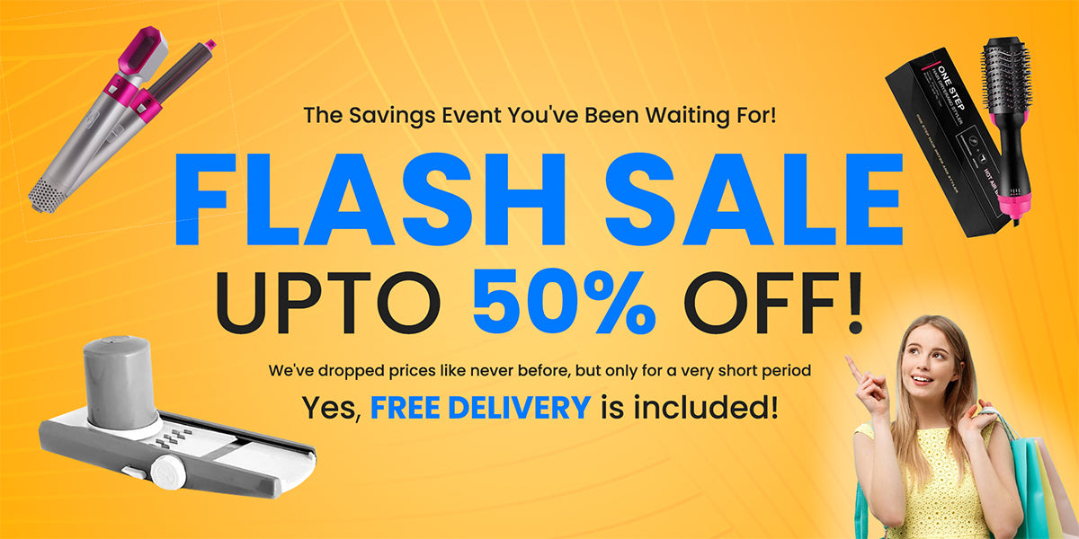 Promotional banner for a flash sale with hair styling tools and a woman pointing at text on a yellow background.